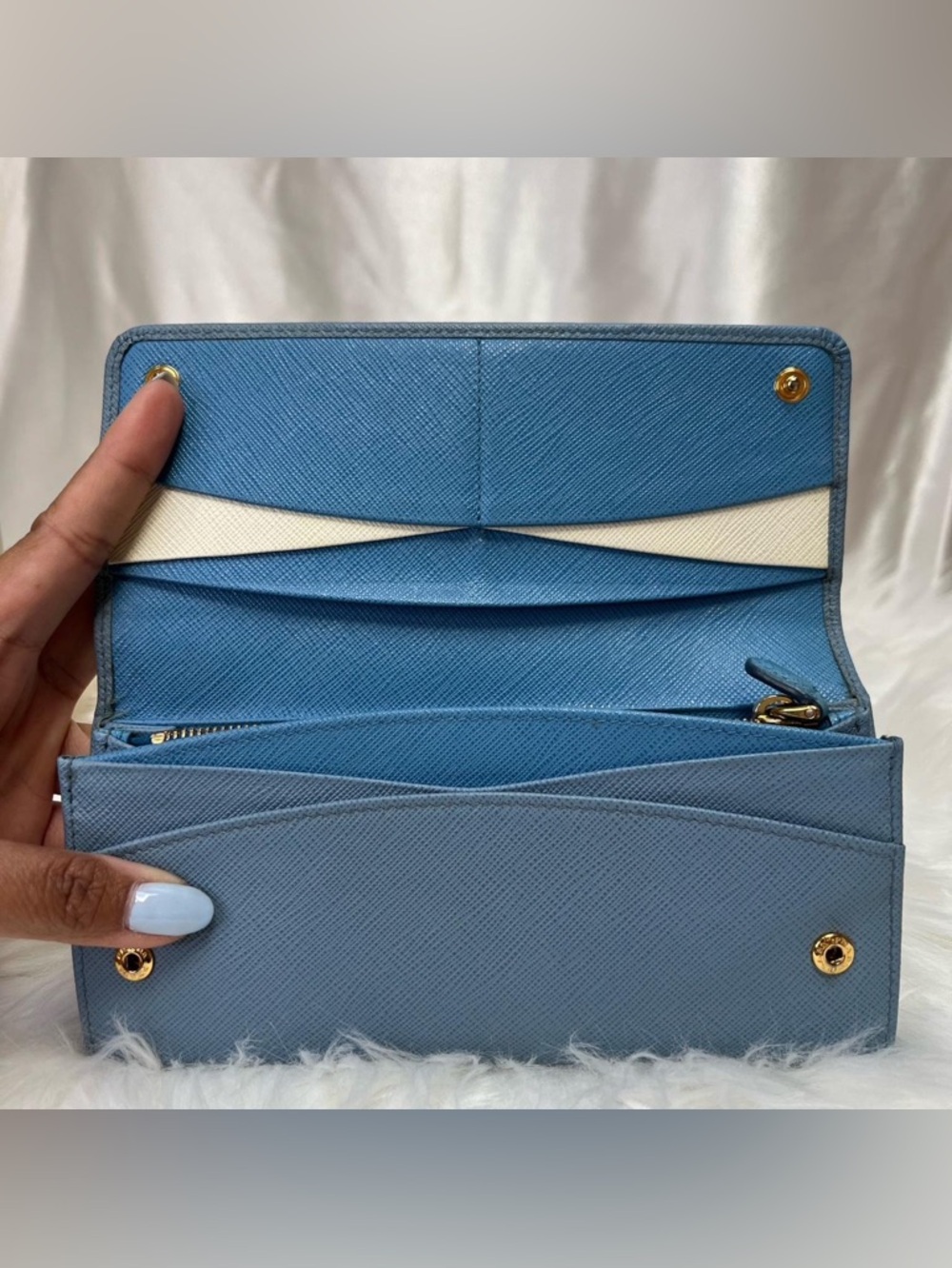 Prada Blue Bicolor Saffiano Leather Continental Long Wallet with COA